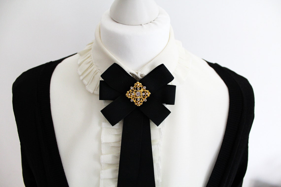 Black neck bow tie ribbon Chanel inspired neck ribbon Womens | Etsy