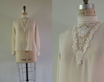 Vintage 1980s cream sheer chiffon blouse with floral embroidered patch, 80s mock neck long sleeve romantic top size medium M