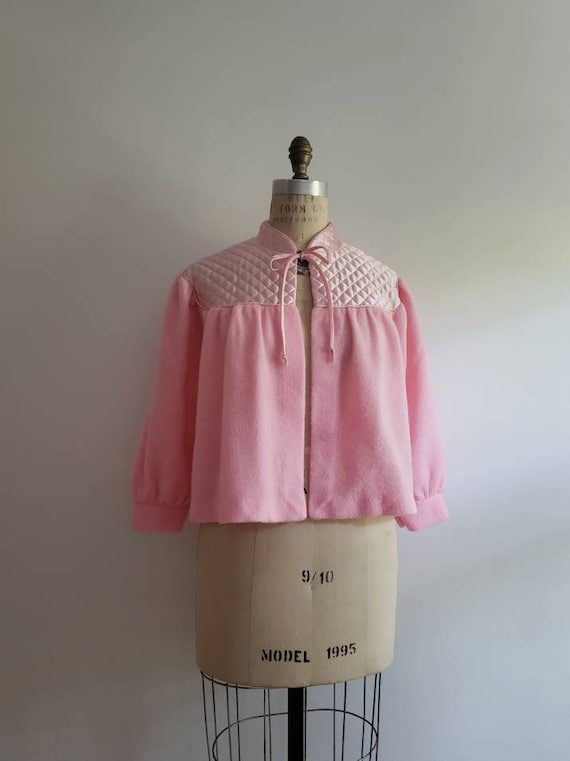 Vintage 80s, 1980s fuzzy pink open bed jacket wit… - image 4