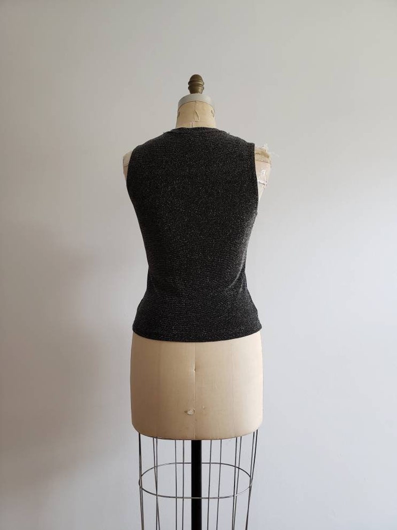 stretchy knit evening top size smallmedium SM 1990s black and silver metallic sleeveless cropped blouse with pussy bow Vintage 90s