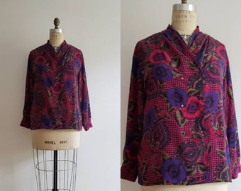 Vintage 80s, 1980s fuschia pink and purple long sleeve double breasted houndstooth and floral print blouse, paisley print top size medium M