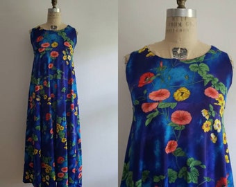 Vintage 1970s cobalt blue hawaiian floral maternity babydoll maxi dress, 70s flower power retro MOD day dress size small S