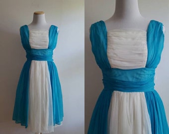 Vintage 50s, 1950s white and blue mid century chiffon party prom dress, retro fit and flare cocktail dress size extra extra small XXS