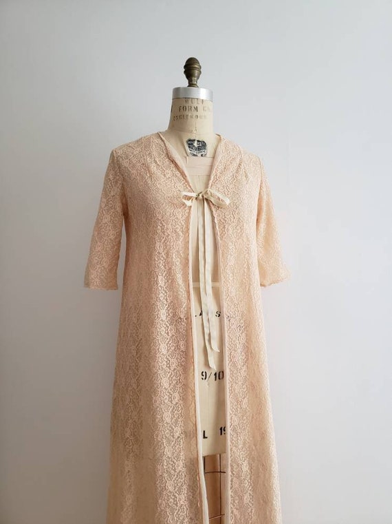 Vintage 70s, 1970s peach pink floral lace dressin… - image 4