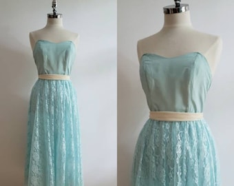 Vintage 80s, 1980s light mint strapless dress with lace skirt,  cocktail prom dress with bustier top and full skirt, size extra small XS