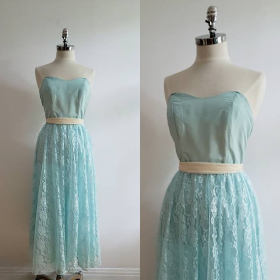 Vintage 80s, 1980s light mint strapless dress wit… - image 1