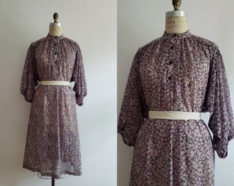 Vintage 80s, 1980s purple and black puff sleeve shirt dress with ditsy floral print, flowy summer dress size large L