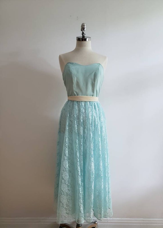 Vintage 80s, 1980s light mint strapless dress wit… - image 2