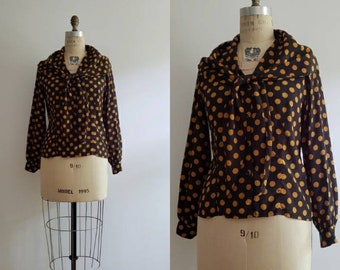 Vintage 80s, 1980s black and gold  polka dot button up blouse with oversized collar and bow, MOD printed long sleeve top size S/M