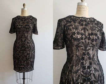 Vintage 80s, 1980s black and beige Stenay fully beaded silk wiggle dress, short sleeve sequined cocktail dress size small/medium S/M