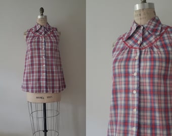 Vintage 1970s red, bue and white button up checkered sleeveless blouse, 70s cotton blend summer top size small S