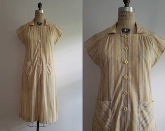 Vintage 1980s yellow, grey and white short sleeve button up shirtdress, 80s does 40s 1940s striped day dress size medium M