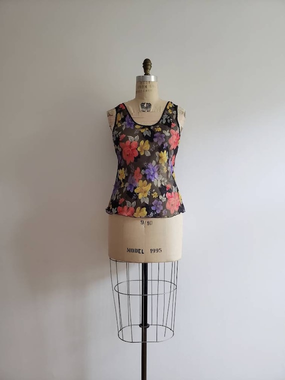 Vintage 90s, 1990s sleeveless sheer floral embroi… - image 2