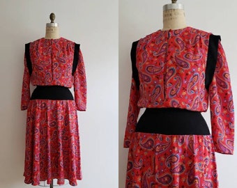 Vintage 80s, 1980s red long sleeve chiffon dress with black ribbed dropped waist and all over paisley print, Algo printed day dress size S/M