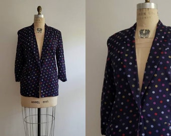 Vintage 1980s navy blue and rainbow polka dot rayon blazer, Lord & Taylor MOD statement printed short jacket size small/medium S/M