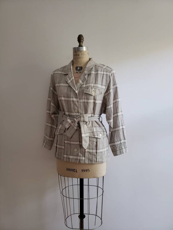 Vintage 80s, 1980s light grey and white plaid bel… - image 5