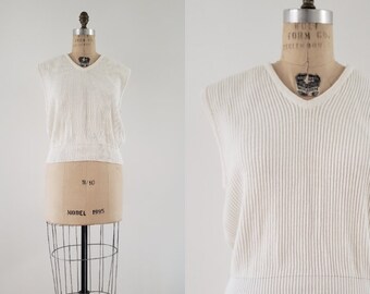 Vintage 1990s white cotton ribbed knit sleeveless sweater vest, 90s minimalist chunky layer piece size medium M