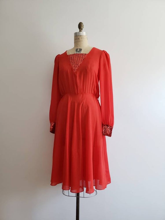 Vintage 70s, 1970s tomato red long sleeve fit and… - image 5