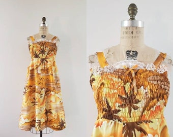 Vintage 1970s orange, yellow and brown hawaiian palm tree print summer dress, 70s retro made in Hawaii vacation day dress size small S