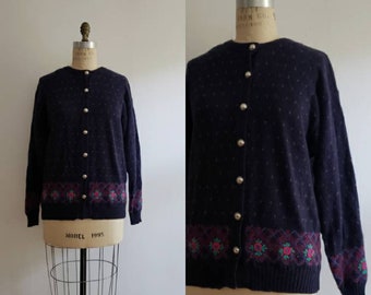 Vintage 90s, 1990s navy and purple polka dot and floral print wool sweater,  embroidered button up oversized grandpa cardigan size medium M