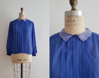 Vintage 80s, 1980s cobalt blue chiffon pleated button up blouse with purple lace collar, size medium/large M/L