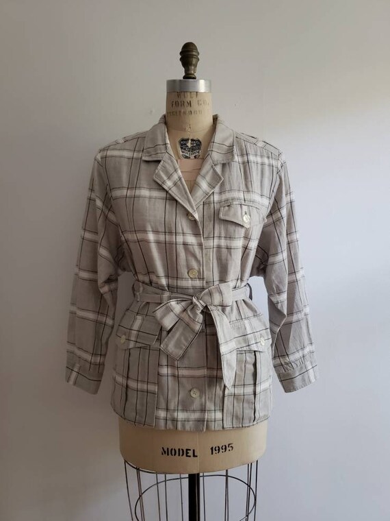 Vintage 80s, 1980s light grey and white plaid bel… - image 3