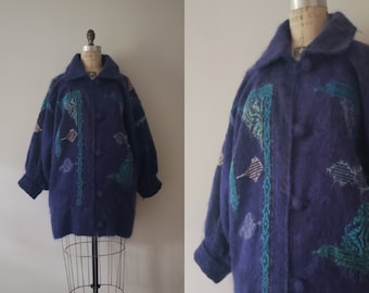 Vintage 1980s purple and blue oversized mohair button up long bomber jacket, 80s retro fuzzy statement coat size small/medium S/M