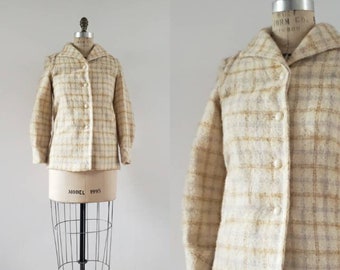 Vintage 1970s cream, pastel yellow and blue plaid wool fuzzy button up jacket, 70s retro easter colored short wool coat size extra small XS