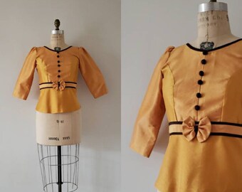 Vintage 1960s mustard yellow silk structured top with chocolate brown trim and buttons, 60s mid century party blouse with bow size XS