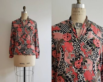 Vintage 80s, 1980s pink black and white checkered and rose floral printed button up blouse, long sleeve printed top size medium M