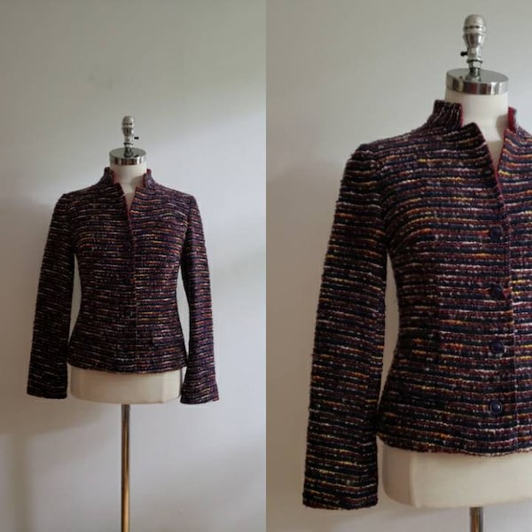 Vintage 60s, 1960s Holt Renfrew X Linton Tweeds button up wool tweed boucle suit jacket, designer retro blazer size extra small XS