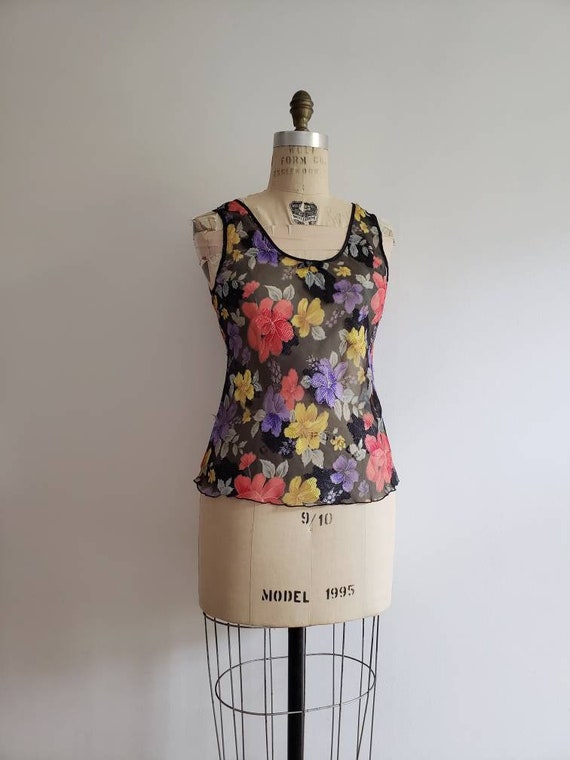 Vintage 90s, 1990s sleeveless sheer floral embroi… - image 4