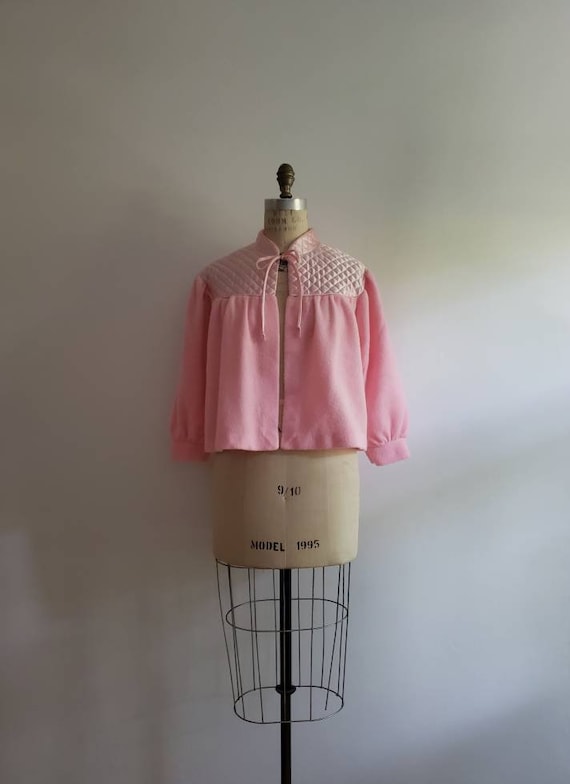 Vintage 80s, 1980s fuzzy pink open bed jacket wit… - image 2