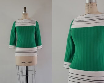 Vintage 1970s green, white and black colorblock striped rib knit sweater, 70s retro fine knit acrylic top size small S