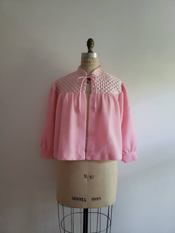 Vintage 80s, 1980s fuzzy pink open bed jacket wit… - image 3