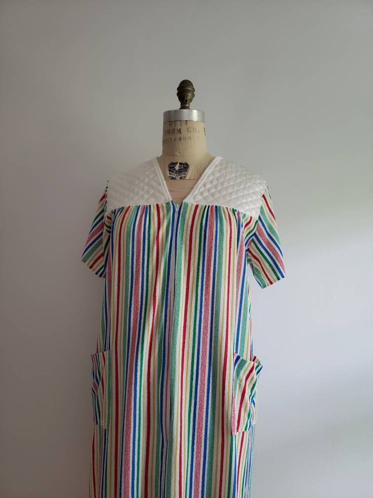 1980s Rainbow Striped Zip up Bathrobe Dress Colorful Quilted Etsy