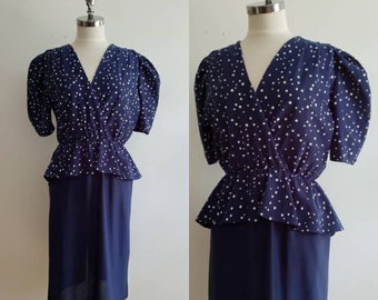 Vintage 80s, 1980s navy blue and white polka dot dress with peplum top and pencil skirt, puff sleeve statement dress, size medium M