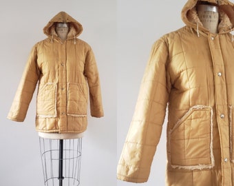 Vintage 1970s yellow quilted faux fur lined puffer jacket, 70s retro short winter coat size extra small XS