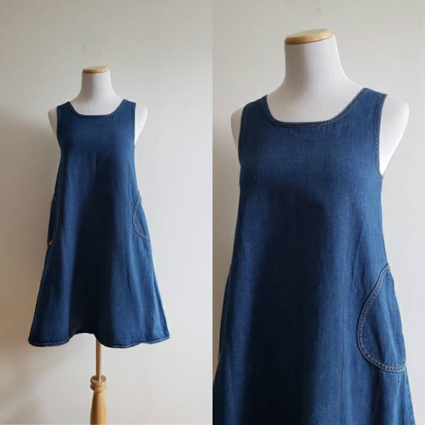90s, 1990s dark blue denim sleeveless pinafore a-line dress, thick cotton jean dress with full skirt size XXS