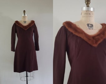 Vintage 1960s chocolate brown fit and flare wool dress with genuine mink fur collar, 60s mid century winter dress size medium M