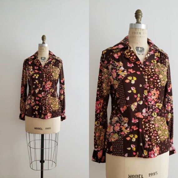 Vintage 70s, 1970s chocolate brown button down blo