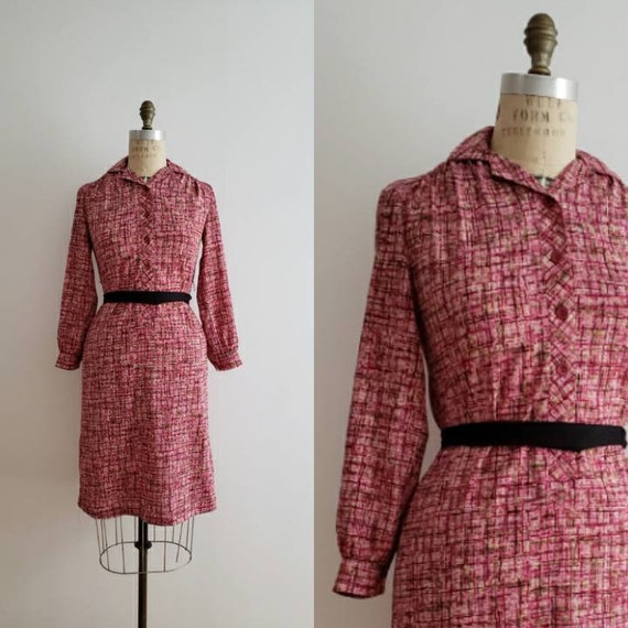 Vintage 70s, 1970s pink button up shirt dress with