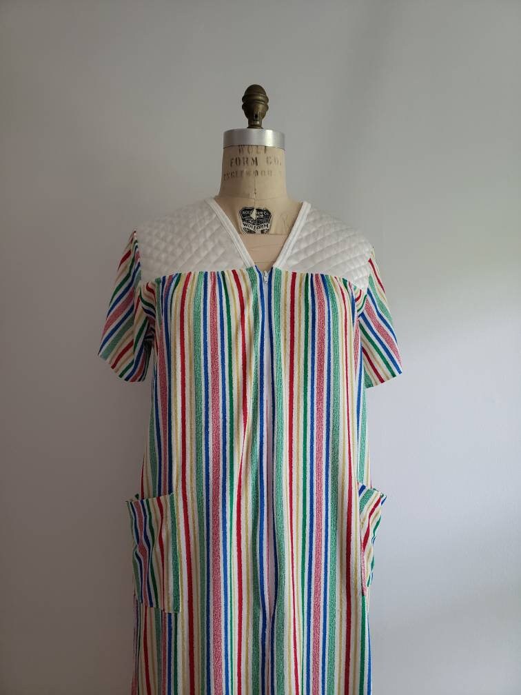 1980s Rainbow Striped Zip up Bathrobe Dress Colorful Quilted Etsy
