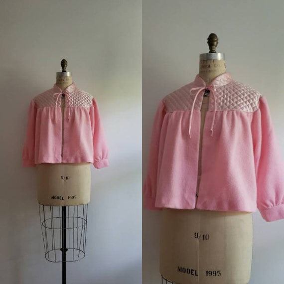 Vintage 80s, 1980s fuzzy pink open bed jacket wit… - image 1