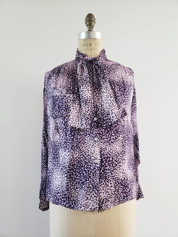 Vintage 1970s purple long sleeve pussy bow button… - image 3