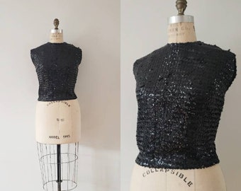 Vintage 1980s fully sequined black sleeveless cropped top, 80s retro party top size small/medium S/M