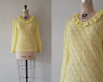 Vintage 1970s bright yellow long sleeve floral lace blouse with ruffled collar, 70s retro lace top size medium M