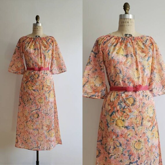 Vintage 70s, 1970s orange and pink a-line maxi dre
