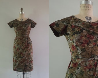 Vintage 1950s watercolor floral short sleeve wiggle dress with back bow, 50s mid century cocktail dress size small S