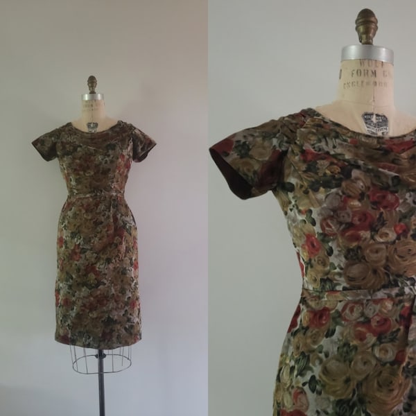 Vintage 1950s watercolor floral short sleeve wiggle dress with back bow, 50s mid century cocktail dress size small S
